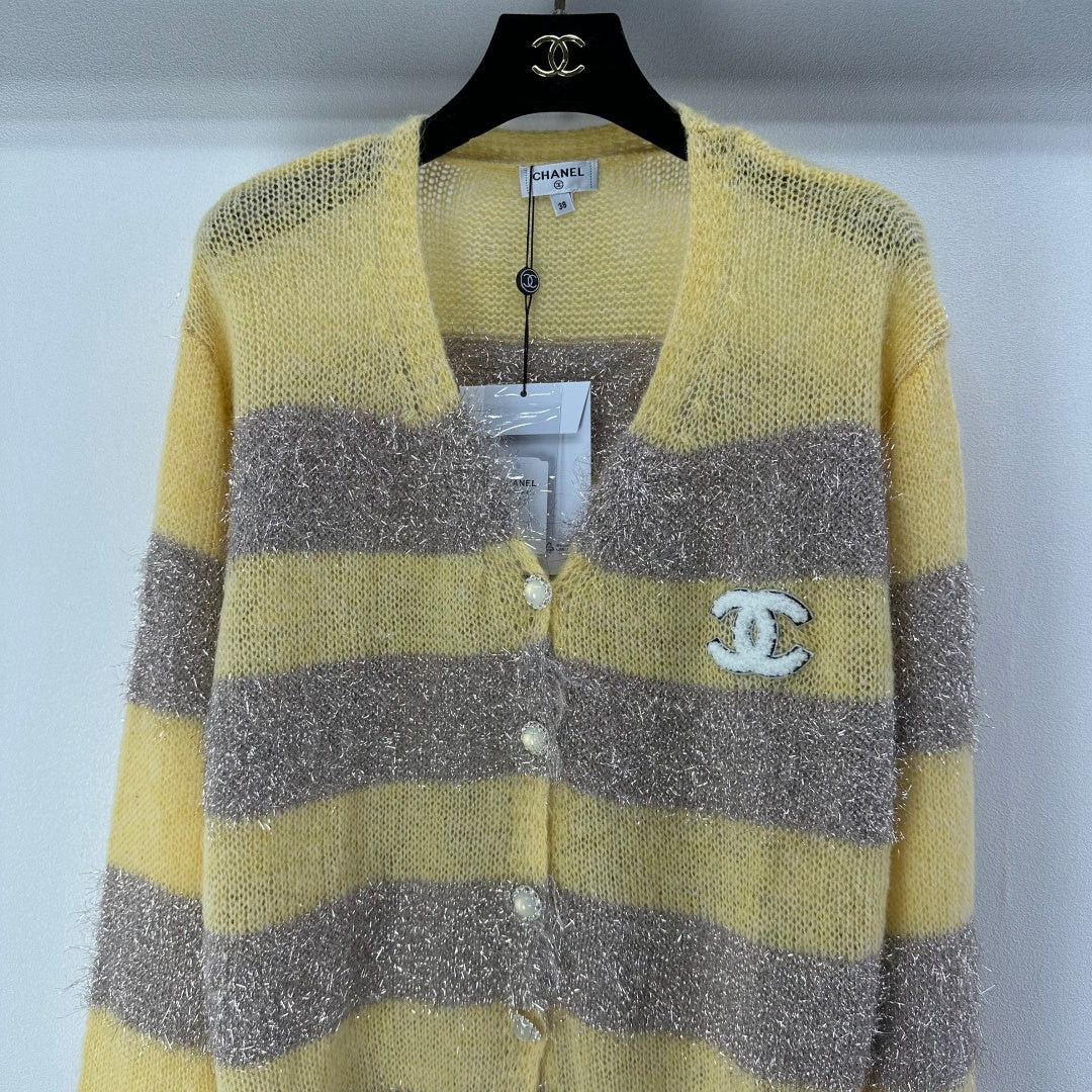 CC 26C Knit Long-Sleeve Cardigan Yellow Grey Stripes Wool Acrylic Nylon 349044
