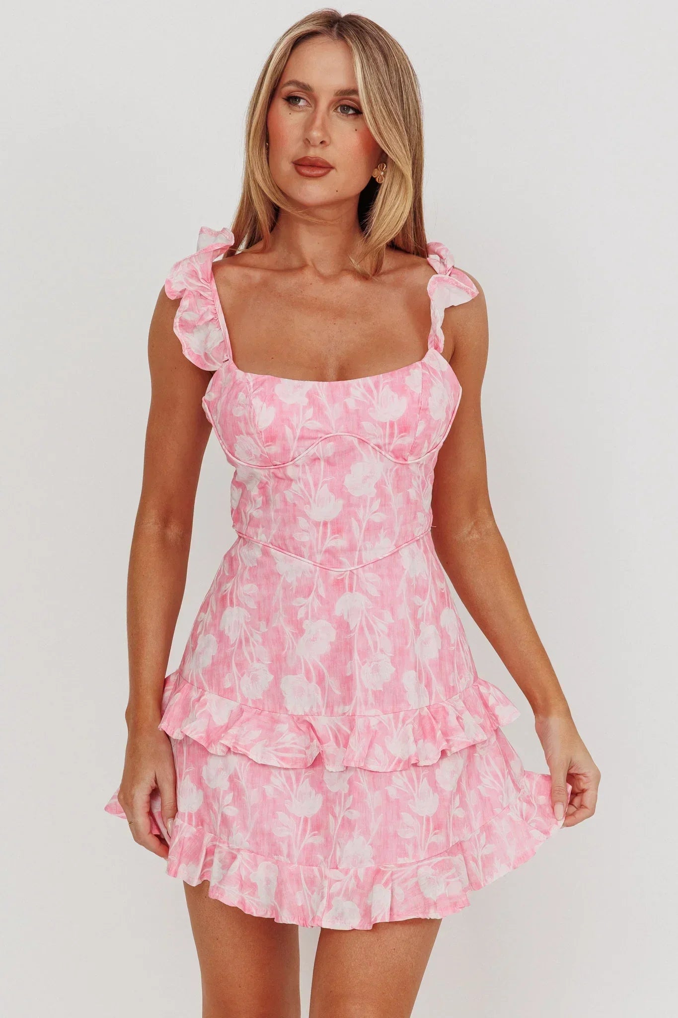 Moonlit Moment Ruffle Trim Lace-Up Back Dress Flowers Pink