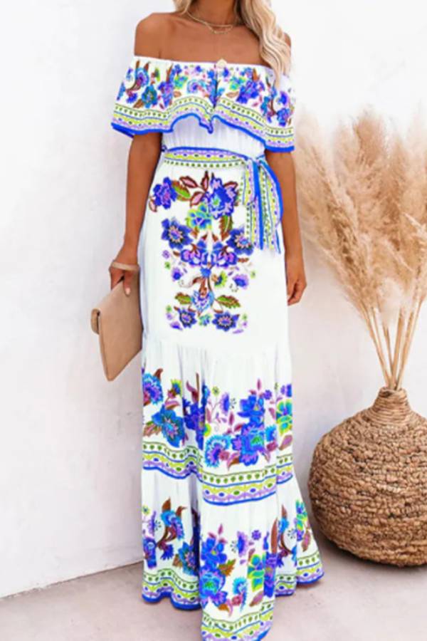 Vestido largo estampado con hombros descubiertos