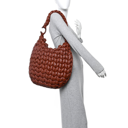 Lambskin Woven Wooden C Shoulder Bag Sepia Brown