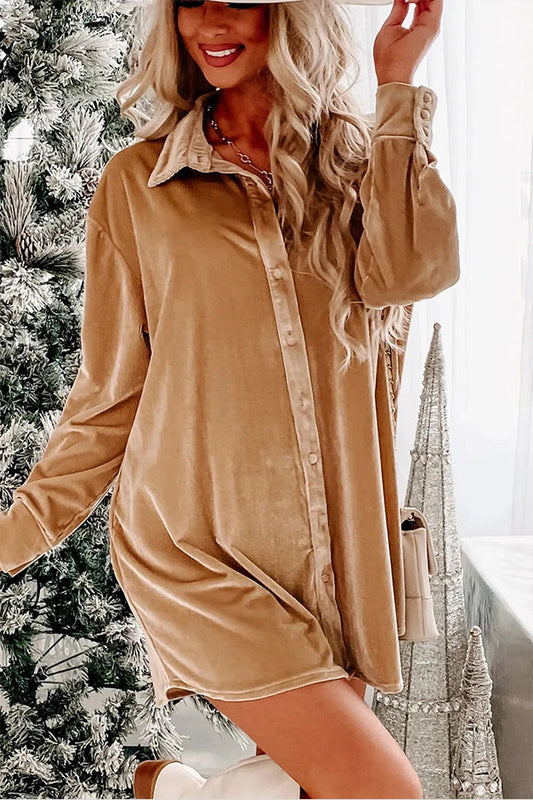 Minivestido estilo camisa con botones en la parte delantera de terciopelo lino