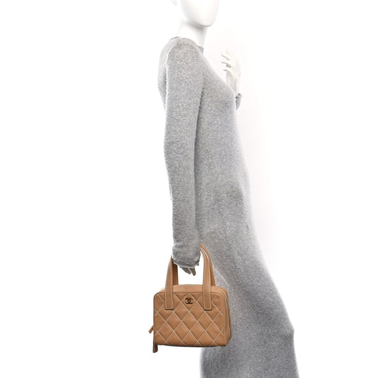 Calfskin Wild Stitch Small Vertical Top Handle Bag Beige