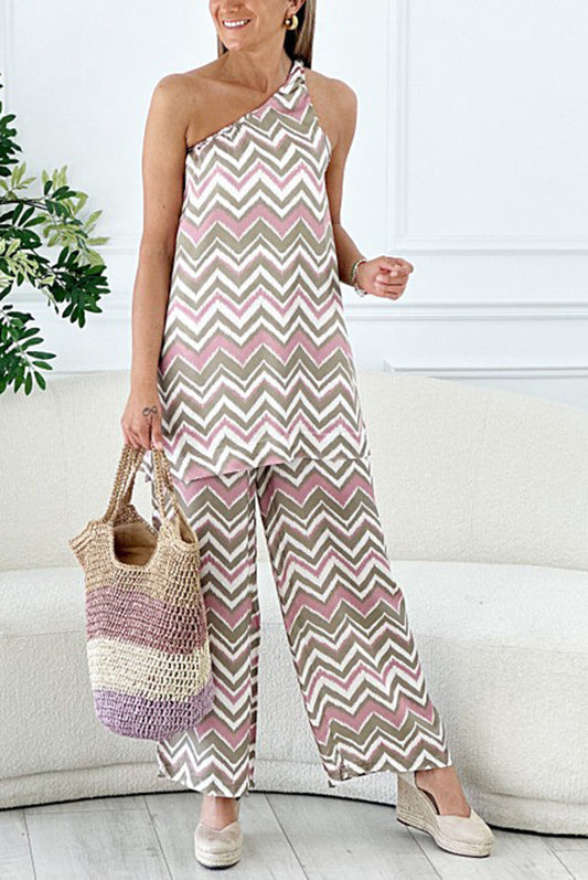 Conjunto de top de un hombro con estampado ondulado y pantalón con bolsillos y cintura elástica Bellini Brunching