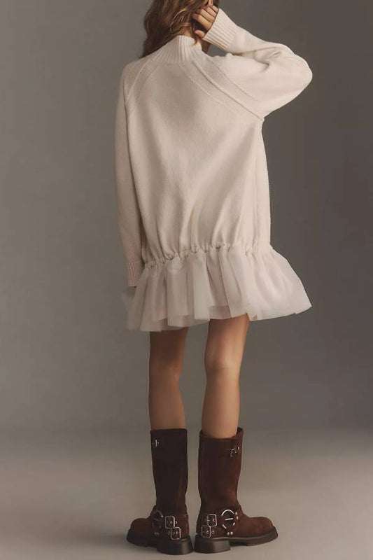 Vestido corto de tul con cuello alto, manga larga y tejido Holiday Cutie