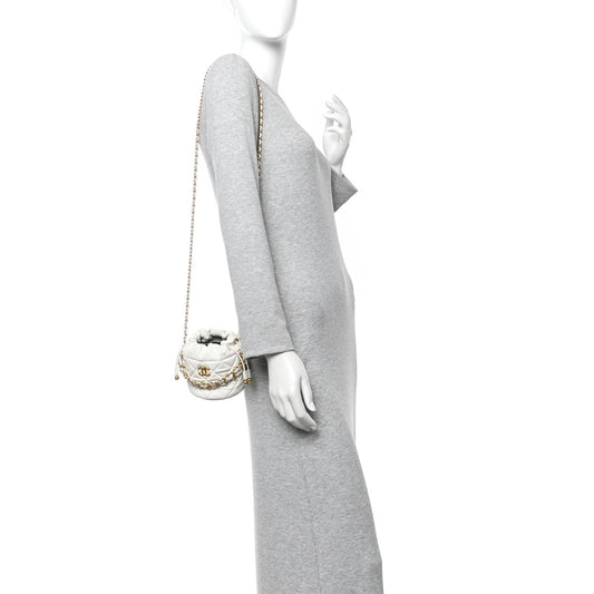 Caviar Quilted Coco First Bucket Clutch With Chain White