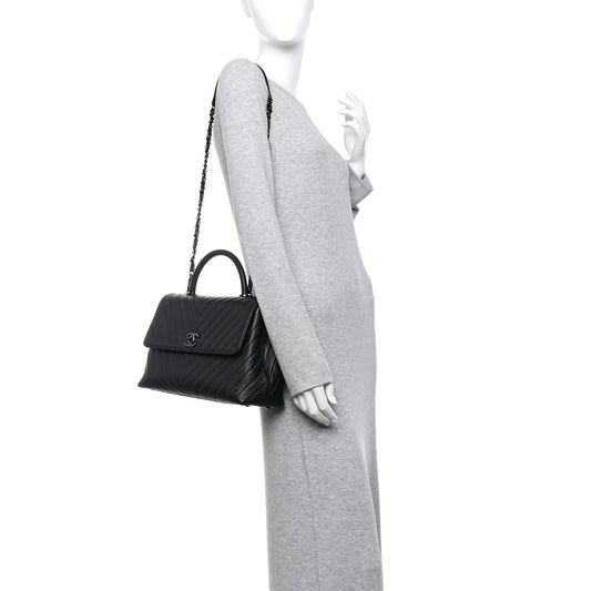 Caviar Chevron Quilted Medium Coco Handle Flap So Black