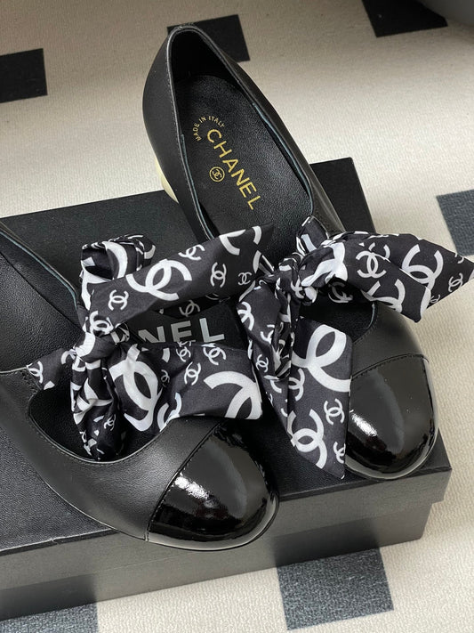 CC 26 Double C Pearl Heel Pump With Silk Ribbon Black Sheepskin 593158