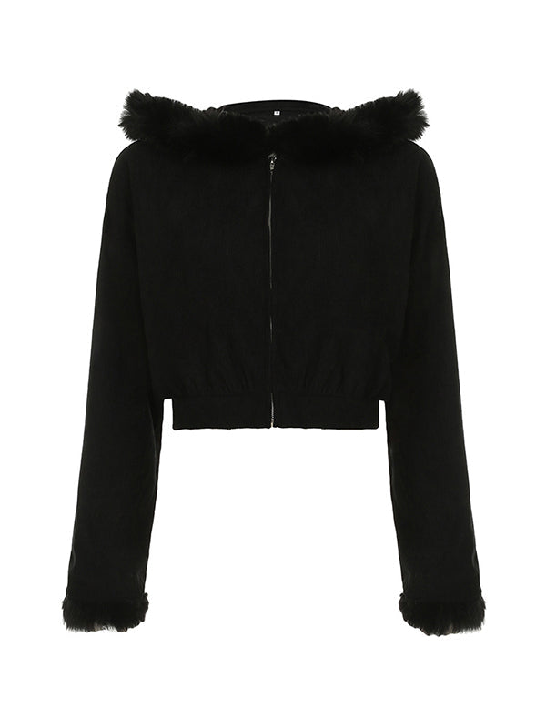 Y2k Black Versatile Solid Color Corduroy Plush Cardigan