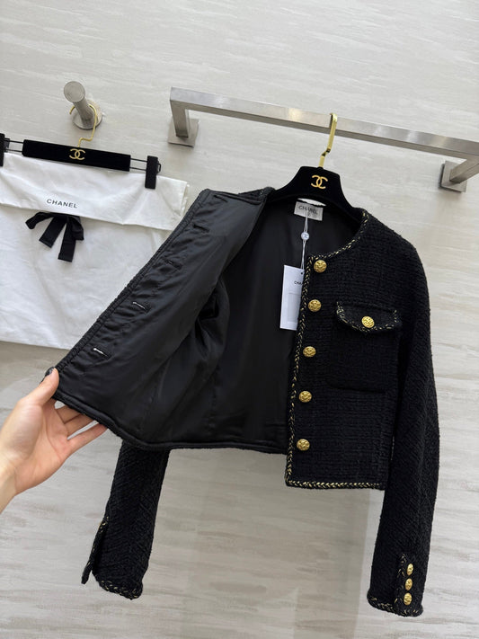 Chanel 2025 Jacket Black Tweed Fabric Gold Buckle 319479