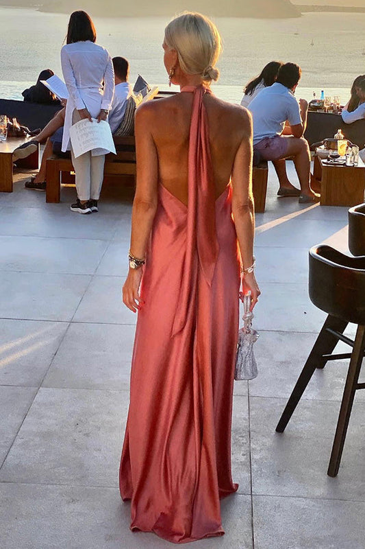 Vestido largo de satén con cuello halter, espalda descubierta, elegante y fabuloso para fiestas o vocaciones