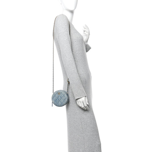 Denim Quilted Round Pearl Crush Clutch With Chain Blue