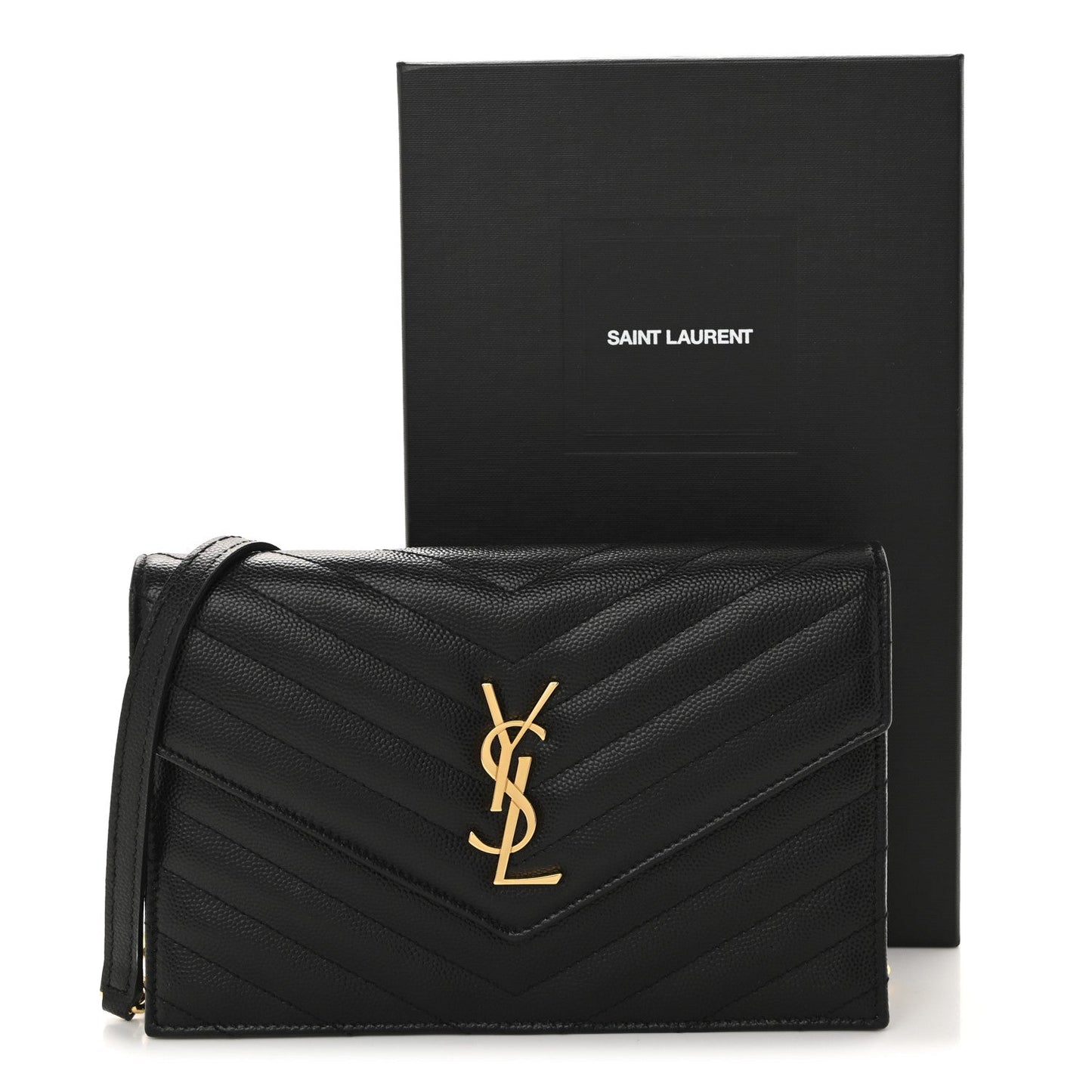 Grain De Poudre Matelasse Chevron Monogram Envelope Chain Wallet Black