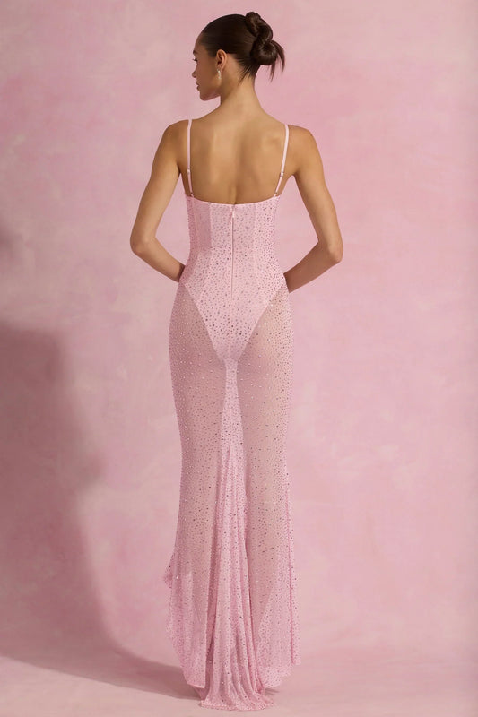 Semi-Sheer Embellished Corset Gown in Pink