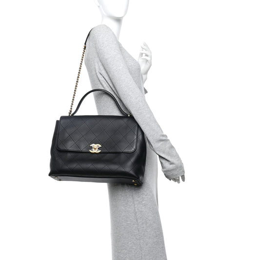 Calfskin Stitched Maxi Flap Top Handle Black