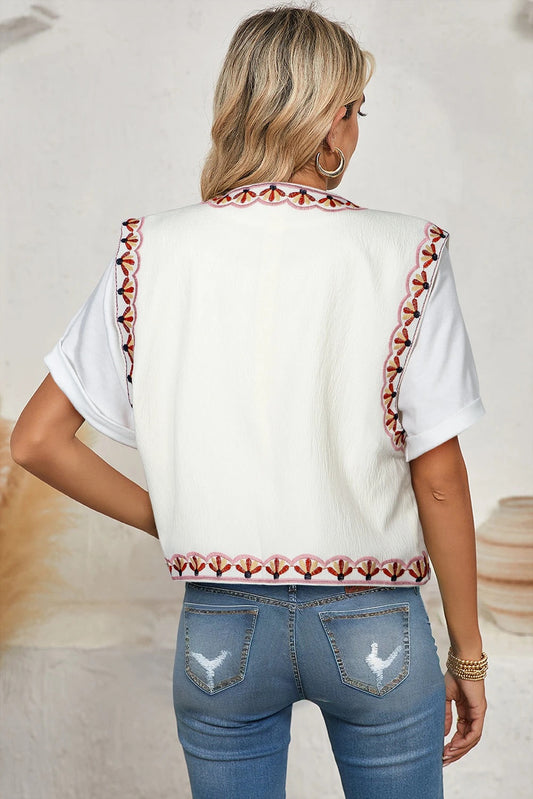 Chaleco tipo cárdigan blanco bohemio con bordado floral