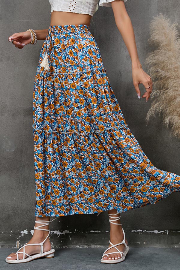 Falda de capas con costuras de encaje de hongos florales, estilo bohemio, con borlas, para playa y vacaciones costeras