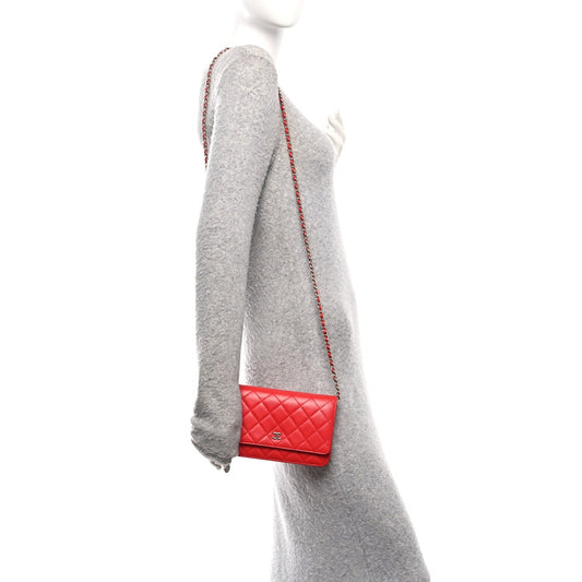 Lambskin Quilted Wallet On Chain WOC Red