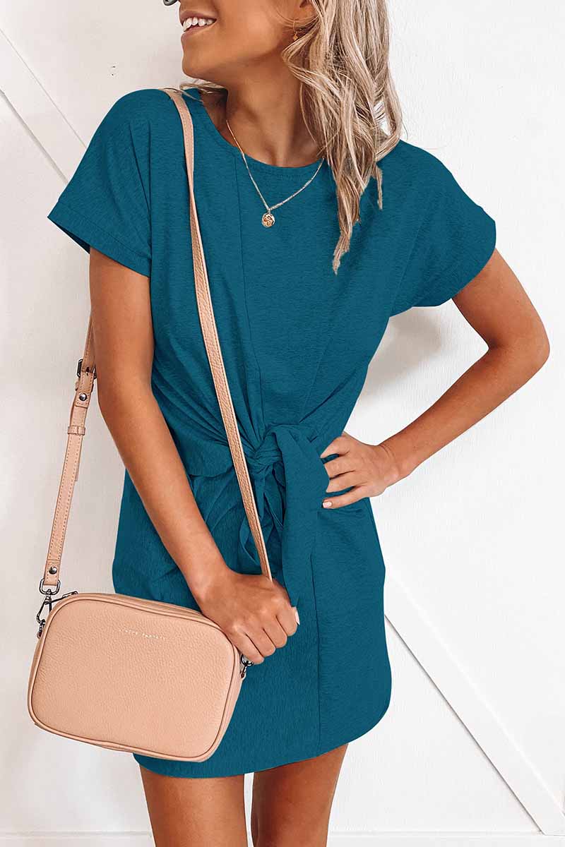 Loose Tie Solid Color Short Sleeves Mini Dress(6 Colors)