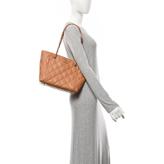 Caviar Quilted Small Shopping Tote Dark Beige