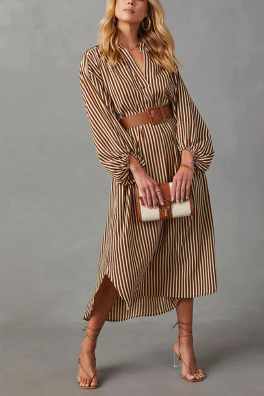 VESTIDO MIDI ETÉREO DE RAYAS CON CINTURÓN