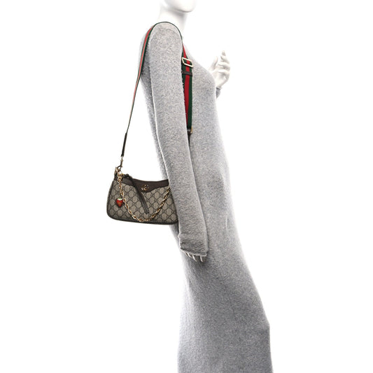 GG Supreme Monogram Textured Dollar Calfskin Web Small Ophidia GG Handbag Beige Ebony New Acero