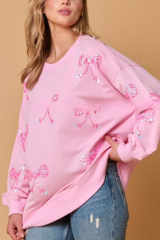 Sudadera informal holgada de manga larga con lazo y lentejuelas
