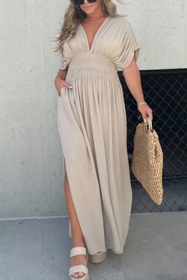 Vestido largo con abertura y detalle ahumado, bolsillos y mangas estilo kimono My Treasure