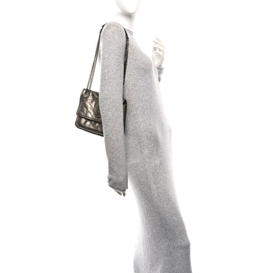 Crinkled Calfskin Matelasse Monogram Baby Niki Chain Satchel Platinum