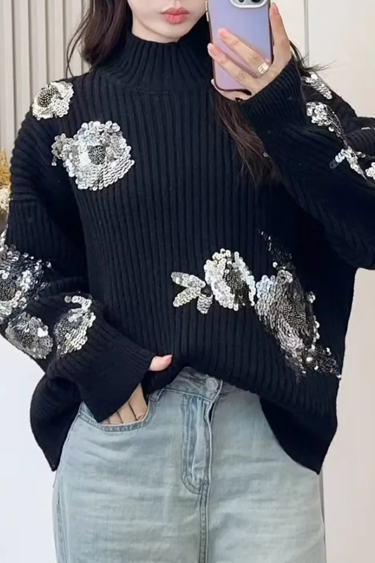 Suéter de punto holgado de cuello alto con estampado floral de lentejuelas y manga larga