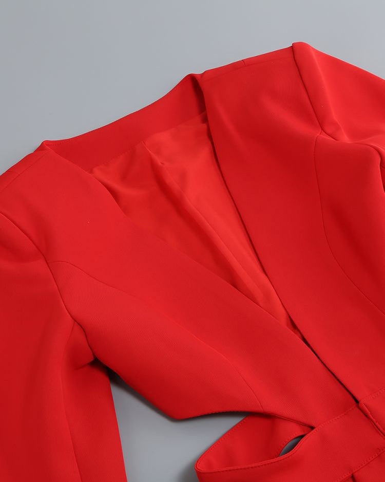 V-Neck Long-Sleeved Hollow Waist Casual Blazer Set