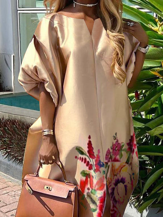A-Line Half Sleeves Elasticity Flower Print Split-Front V-Neck Maxi Dresses