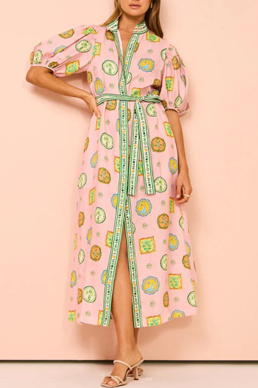 Vestido camisero midi estampado con mangas farol, botones y lazo en la cintura