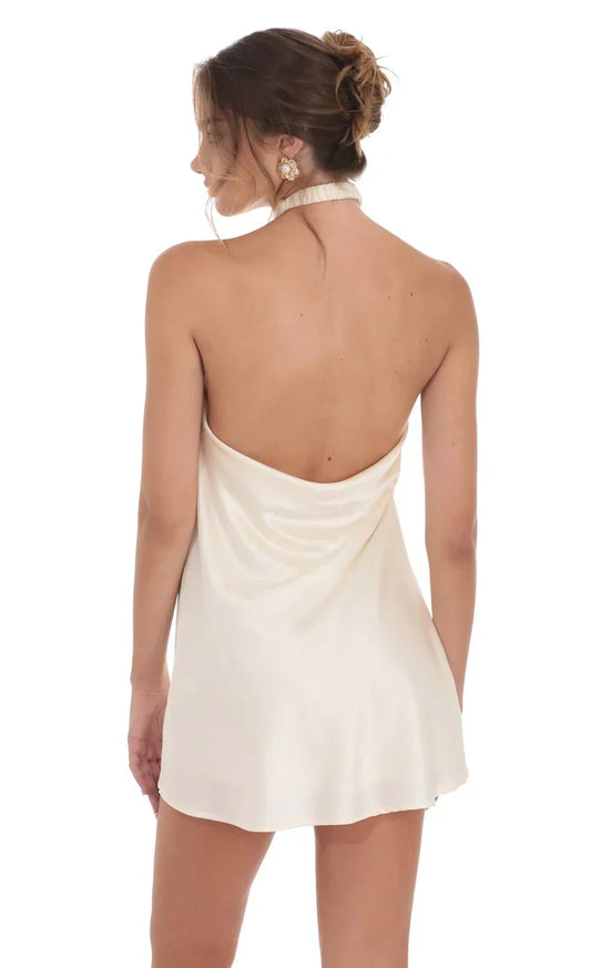 Satin Cross Halter Dress in Cream
