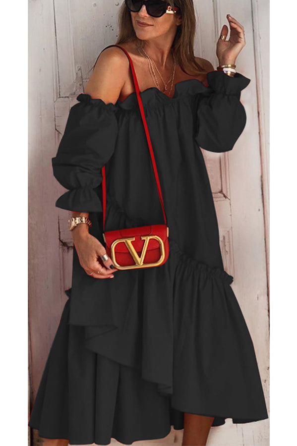 Vestido midi holgado con hombros descubiertos y volantes irregulares de Fionna