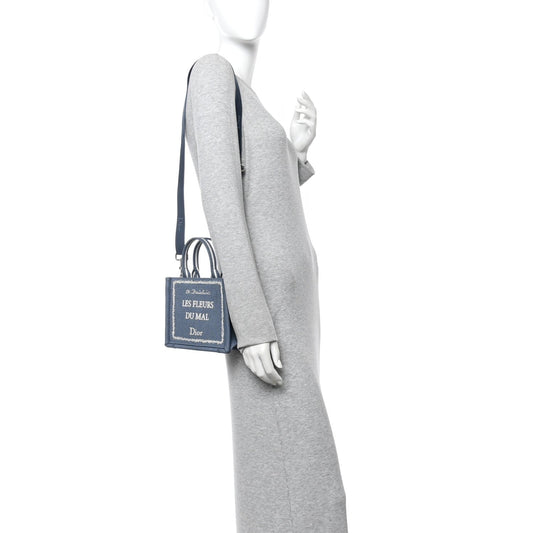 Canvas Embroidered Les Fleurs du Mal Mini Book Tote Blue White