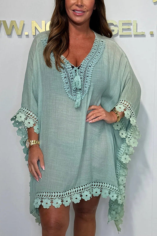 Vestido mini holgado informal de encaje de color liso
