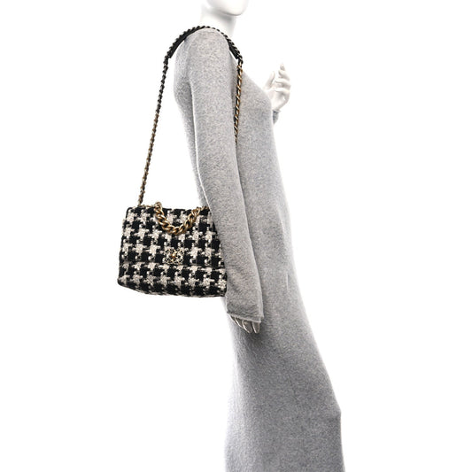 Tweed Quilted Large Chanel 19 Flap Black Ecru White