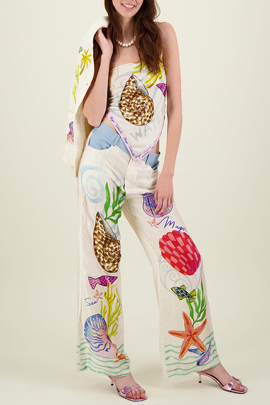 Pantalones anchos con cintura elástica y bolsillos en la espalda de satén Dream Ocean con estampado único