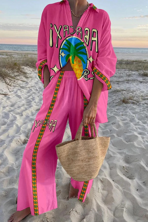 Conjunto de camisa holgada con estampado de piña y pantalón con bolsillo en la cintura elástica