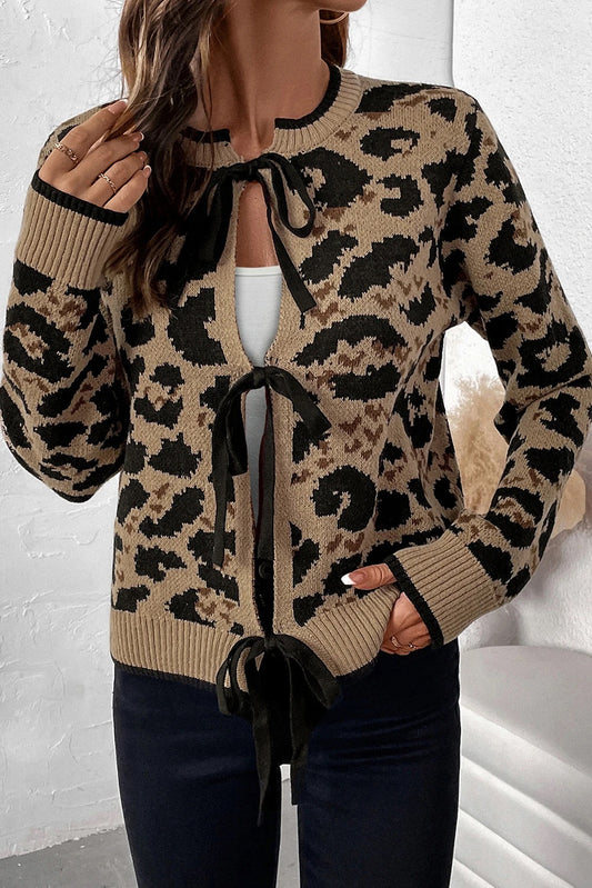 Cárdigan de punto con lazo y estampado de leopardo marrón