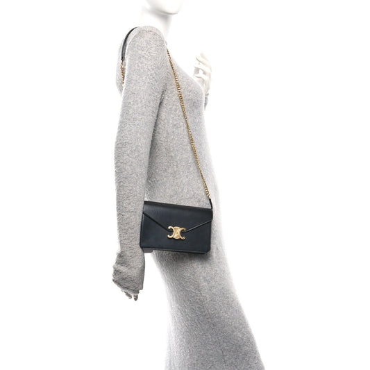 Shiny Calfskin Triomphe Margo Wallet on Chain Black