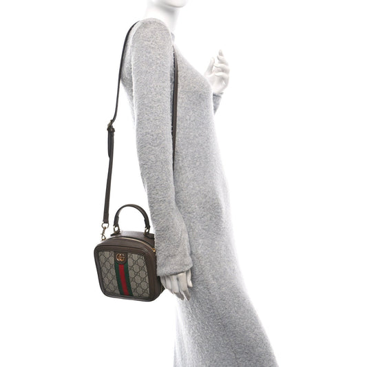 GG Supreme Monogram Textured Dollar Calfskin Mini Ophidia Top Handle Square Shoulder Bag Beige Ebony New Acero