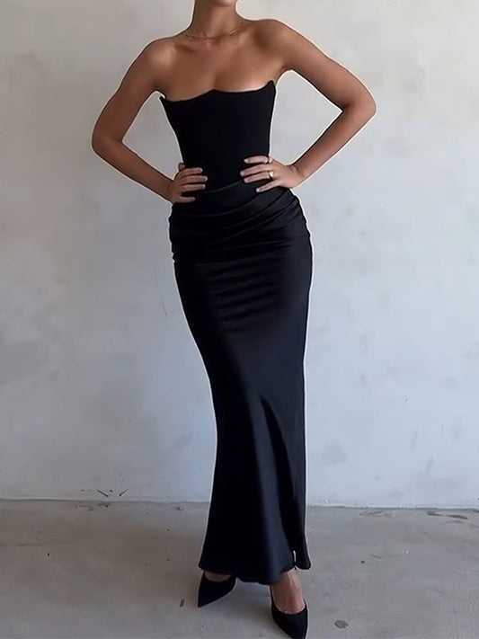 Vintage Satin Bandeau Splice Slim Maxi Dress with Corset Ruched