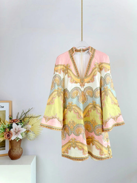 V-NECK PRINTED DRESS BACK ZIPPER