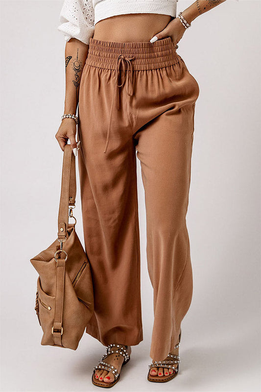 Pantalones casuales de pierna ancha con cintura elástica fruncida y cordón ajustable