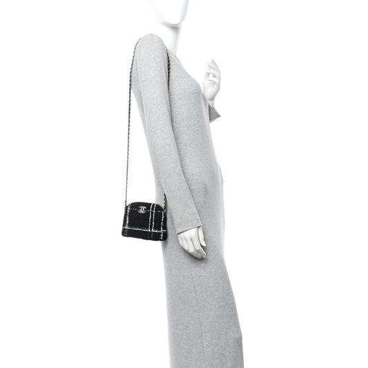 Tweed Quilted Mini Clutch With Chain Black White