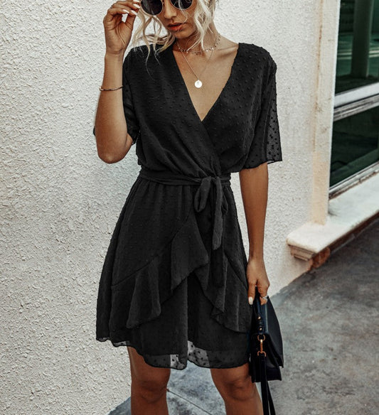 Women Polka Dot V-neck High Waist Dress Waist Trimming Ruffles Lace-up Dress