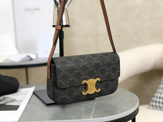 CELINE Triomphe Shoulder Bag In Triomphe Canvas And Calfskin Black 20 x 10 x 4 cm