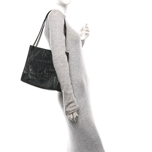 Calfskin Crocodile Embossed Monogram Medium Niki Shopping Bag Black
