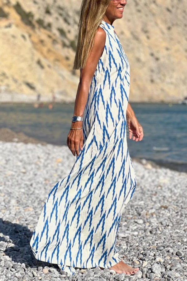 Vestido largo casual sin mangas con estampado azul